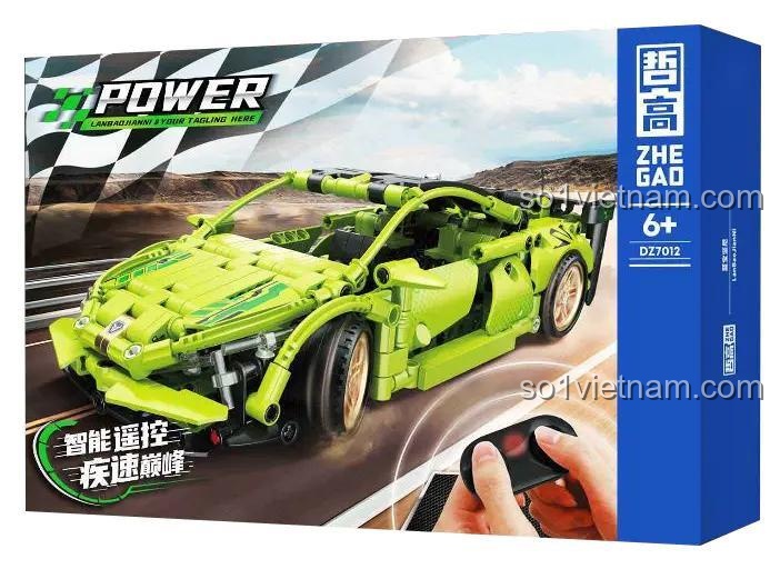 Hộp đồ chơi lắp ráp Siêu xe Lamborghini DZ7012 của ZHEGAO, cho thấy thiết kế hộp bắt mắt và tính năng điều khiển từ xa.