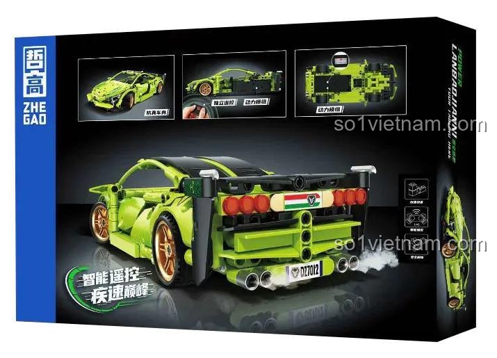 Mặt sau hộp của bộ lắp ghép ZHEGAO 7012, làm nổi bật các chi tiết và tính năng độc đáo như hiệu ứng phun khói từ ống xả.