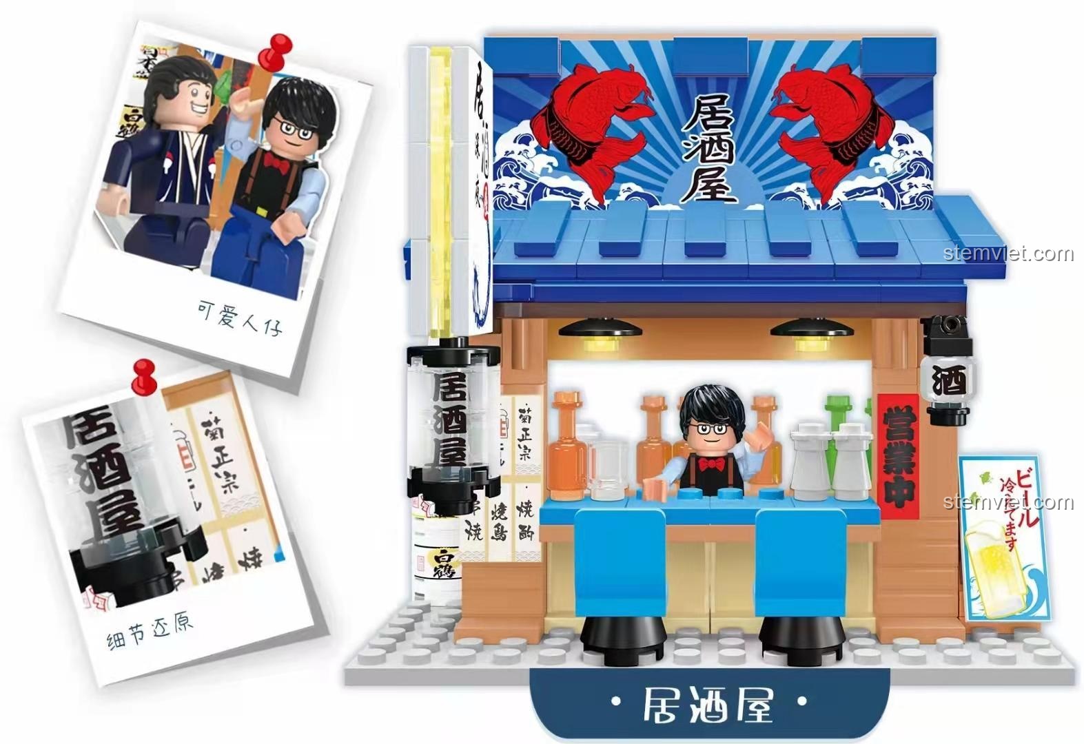 Mô hình quán rượu Nhật Bản Zhegao JZ3001-1 sau khi lắp ráp, với minifigure chủ quán và các chi tiết tinh xảo.