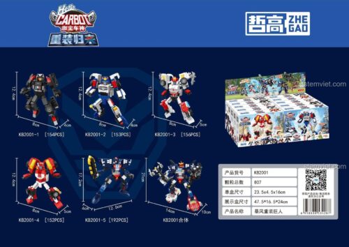Thông số kỹ thuật chi tiết của bộ xếp hình ZHEGAO KB2001 Robot Hello Carbot, bao gồm kích thước và số mảnh ghép.