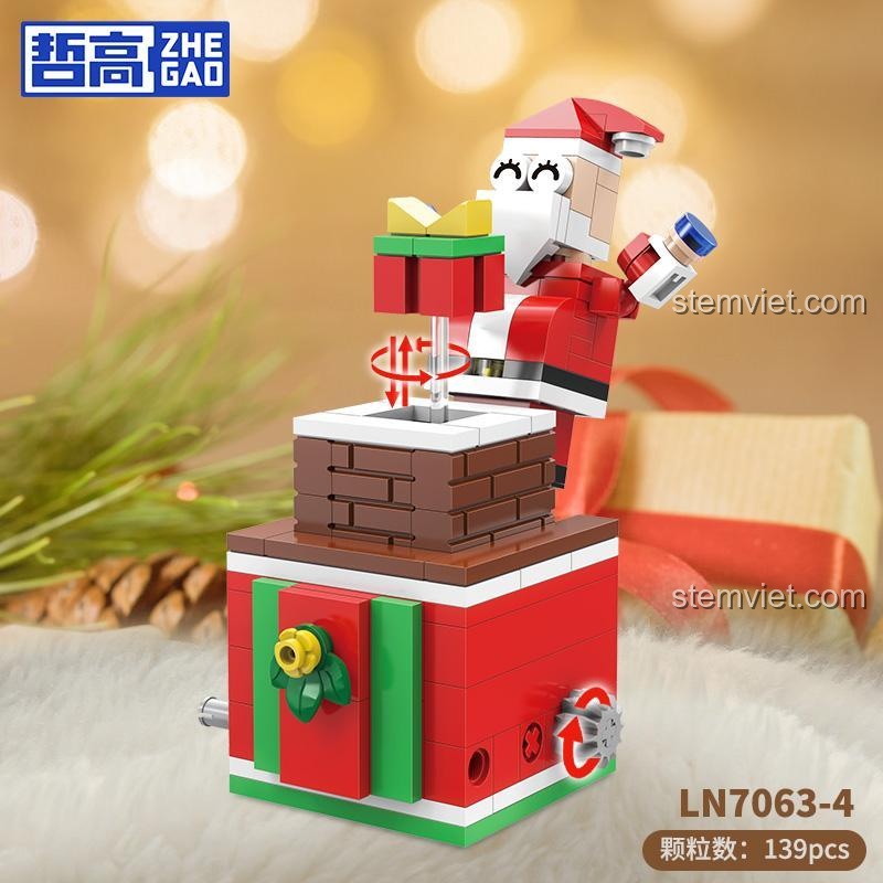 Hộp sản phẩm mô hình Cây Thông Noel ZHEGAO LN7063-5 với 141 mảnh ghép, thuộc bộ lắp ráp Hộp nhạc Giáng Sinh.