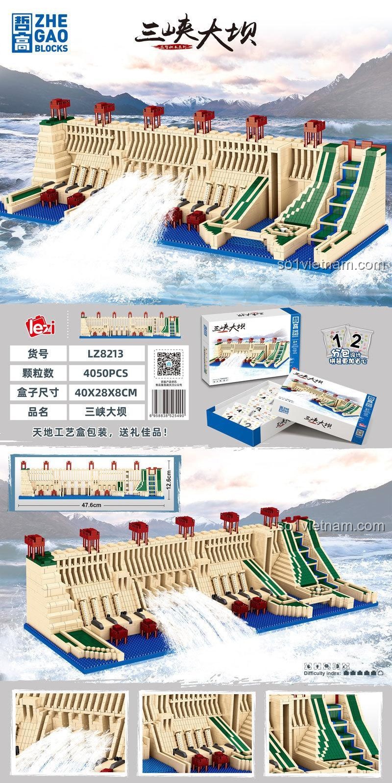 Chi tiết hộp sản phẩm bộ đồ chơi lắp ráp ZHEGAO LZ8213 mô hình Đập Tam Hiệp