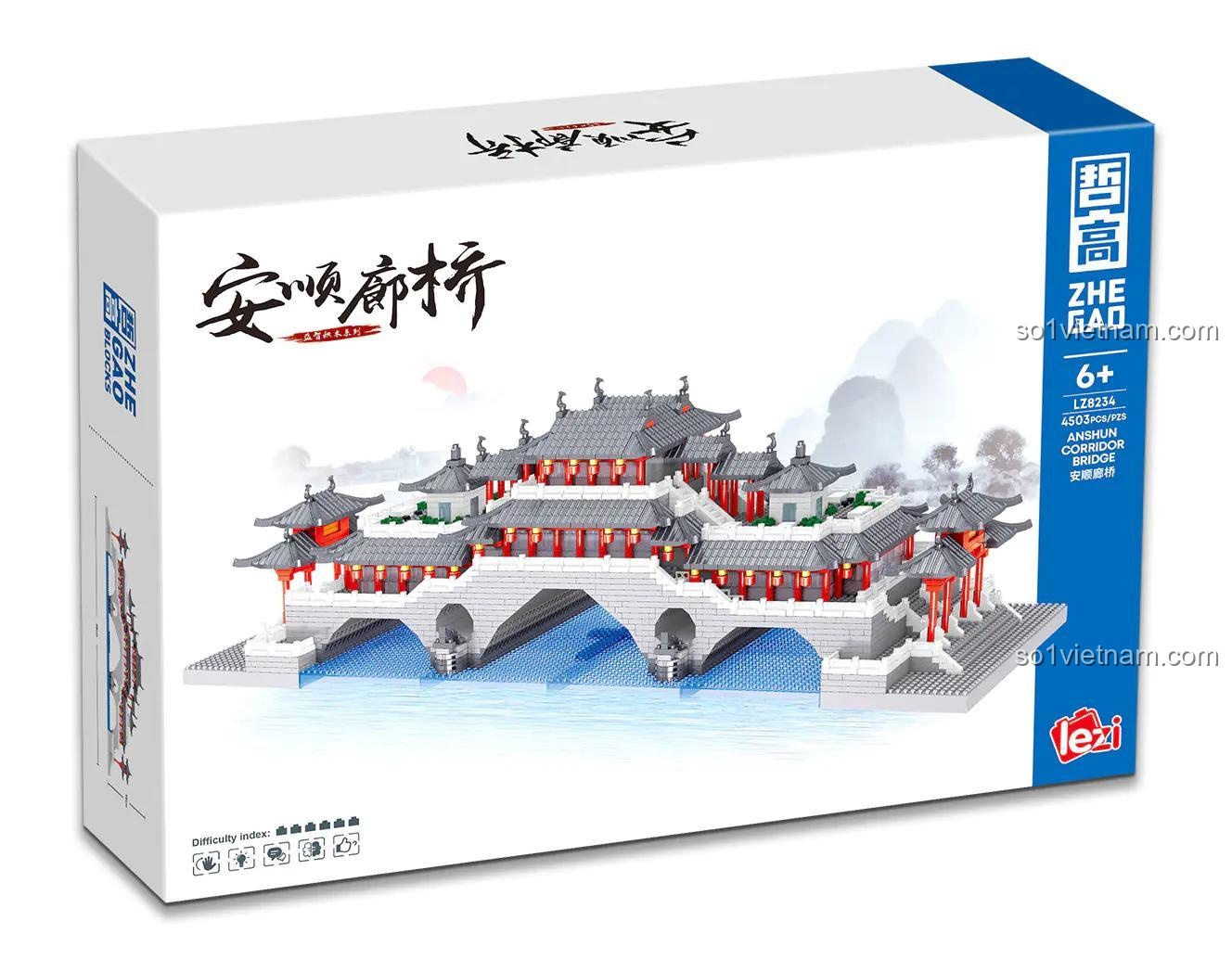 Hộp đựng bộ lắp ghép Cầu Anshun LZ8234 của ZHEGAO, 4503 mảnh ghép, kiến trúc cổ kính, phù hợp cho bé 6 tuổi