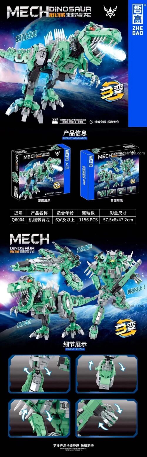 Đồ chơi mô hình ZHEGAO Q6004 Khủng long cơ khí biến hình 3 trong 1 với 1156 chi tiết, phù hợp bé trai 6 tuổi, giá rẻ.
