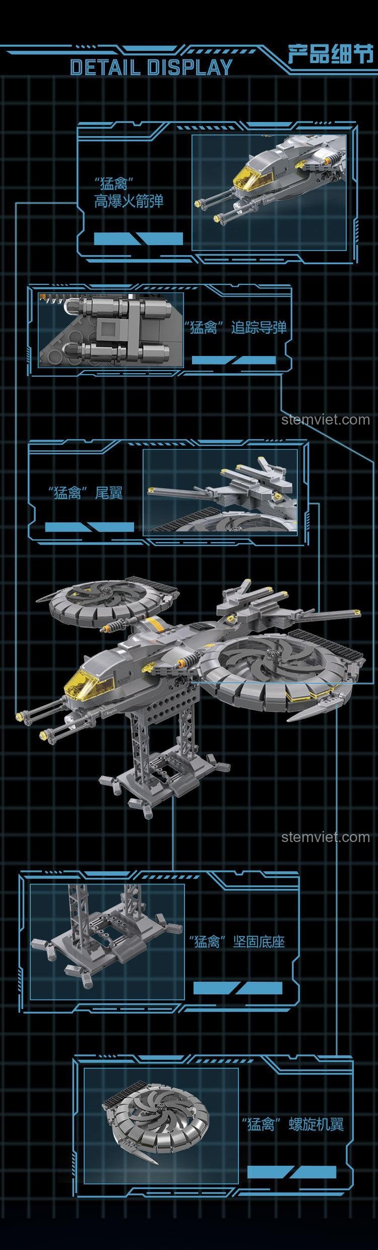 Các chi tiết nổi bật của ZHEGAO QJ5008 Máy bay tấn công Raptor: pháo hỏa tiễn, tên lửa truy đuổi, cánh quạt, đế trưng bày, mô hình lắp ghép.