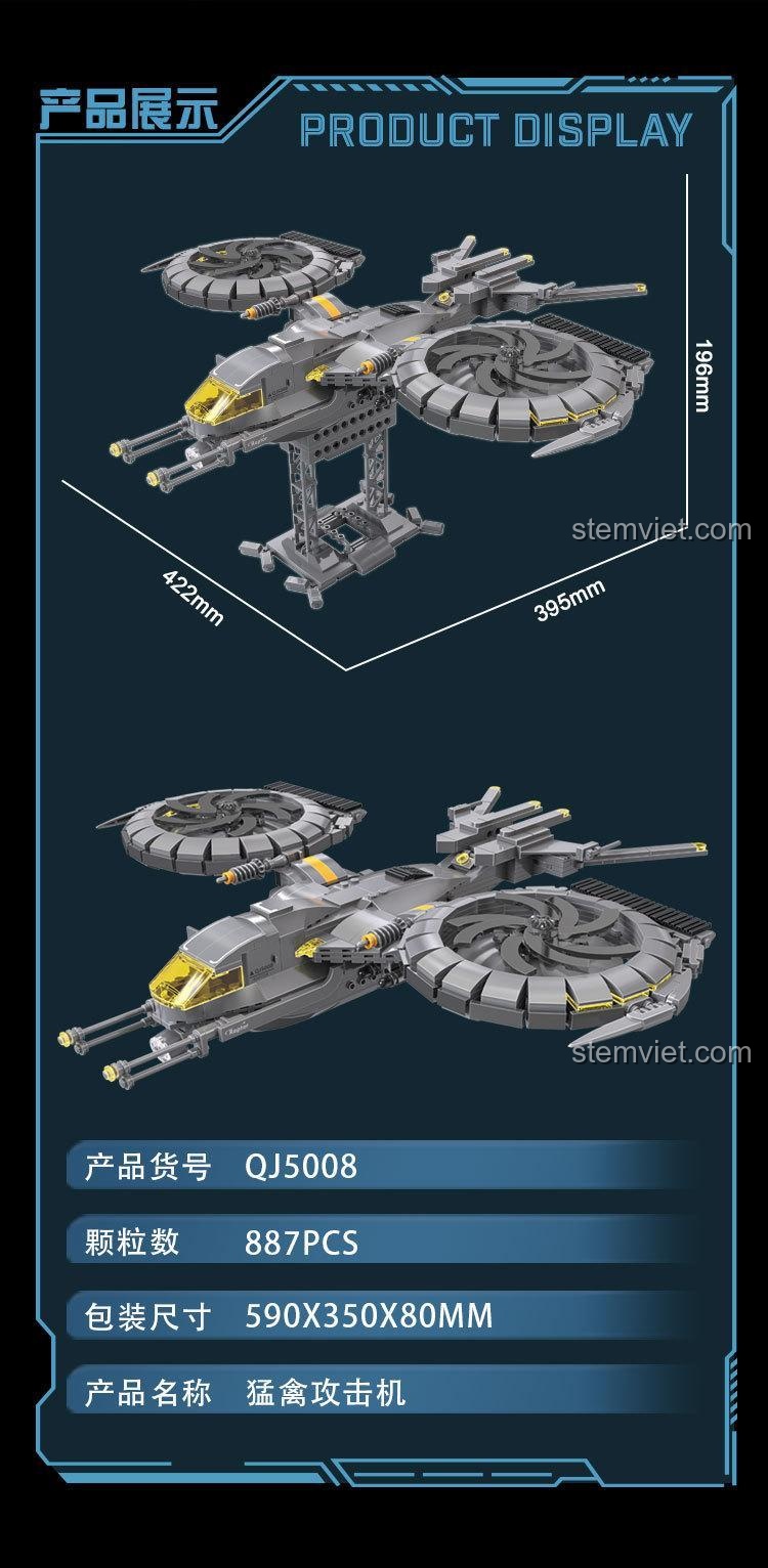 Kích thước chi tiết của mô hình ZHEGAO QJ5008 Máy bay tấn công Raptor: 39.5x42.2x19.6 cm, bộ lắp ráp 887 mảnh, đồ chơi giáo dục.