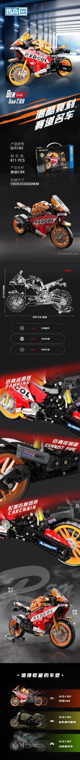 Các chi tiết cơ khí Technic của bộ xếp hình Chiếc xe phân khối lớn Honda CBR, thể hiện sự tinh xảo và chất lượng cao.