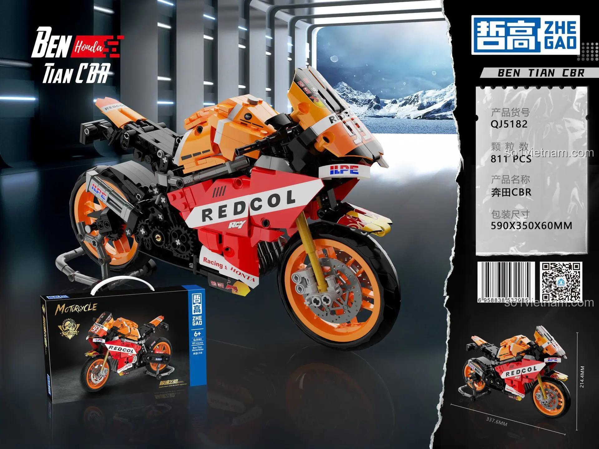 Thông số kỹ thuật của đồ chơi mô hình ZHEGAO QJ5182, bao gồm kích thước mô hình Xe đua Honda CBR và kích thước hộp sản phẩm.