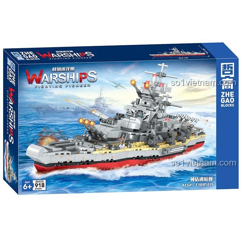 Hộp bộ lắp ghép ZHEGAO QL0173 Tàu Tuần Dương Aegis 918 mảnh ghép, đồ chơi quân sự cho bé trai 6 tuổi, giá tiết kiệm.