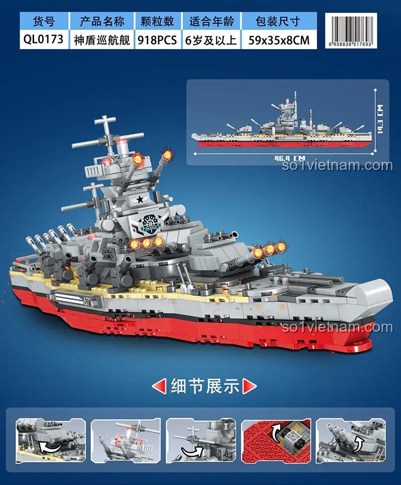 Ảnh thể hiện kích thước và các tính năng của bộ đồ chơi Mô hình Tàu chiến Aegis ZHEGAO QL0173, phù hợp bé trai 6 tuổi, giá tốt.
