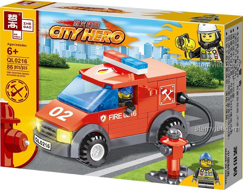 Hộp bộ lắp ghép ZHEGAO QL0216 xe cứu hỏa, 86 mảnh ghép, đồ chơi xây dựng giá tốt.