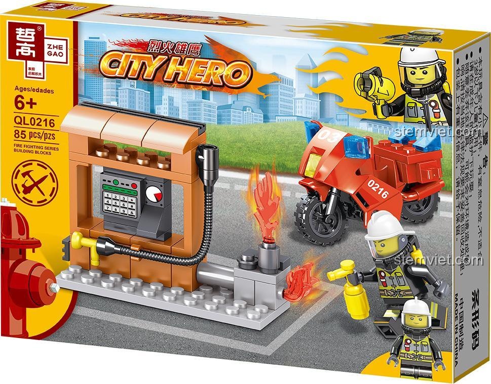 Hộp bộ xếp hình ZHEGAO QL0216 xe mô tô và trạm xăng, 85 mảnh ghép, đồ chơi lắp ráp.