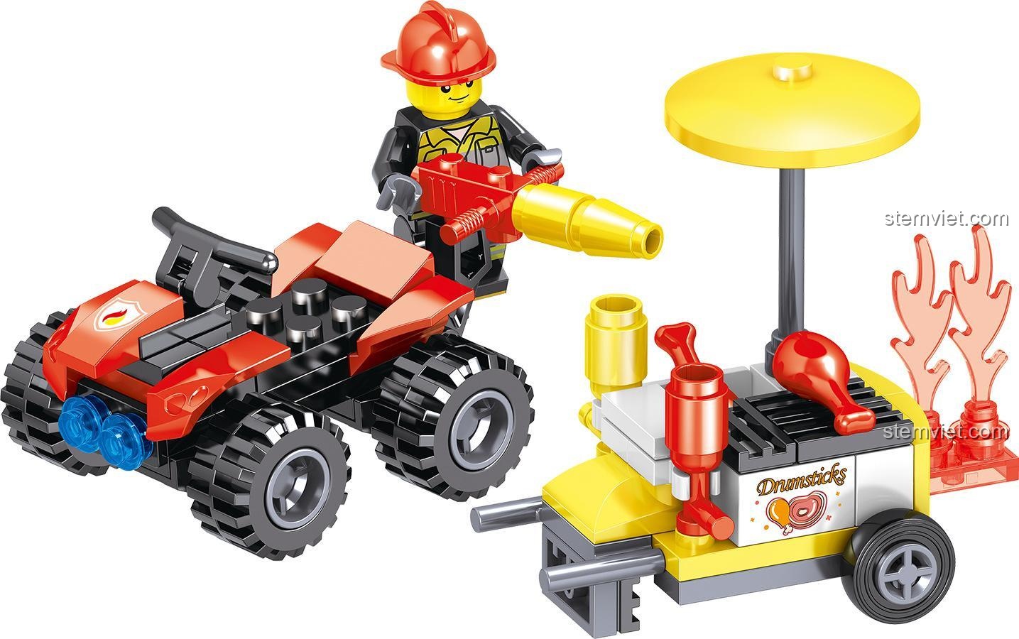 Mô hình xe địa hình cứu hỏa từ bộ đồ chơi ZHEGAO QL0216, đồ chơi lắp ráp cho bé trai 6 tuổi.