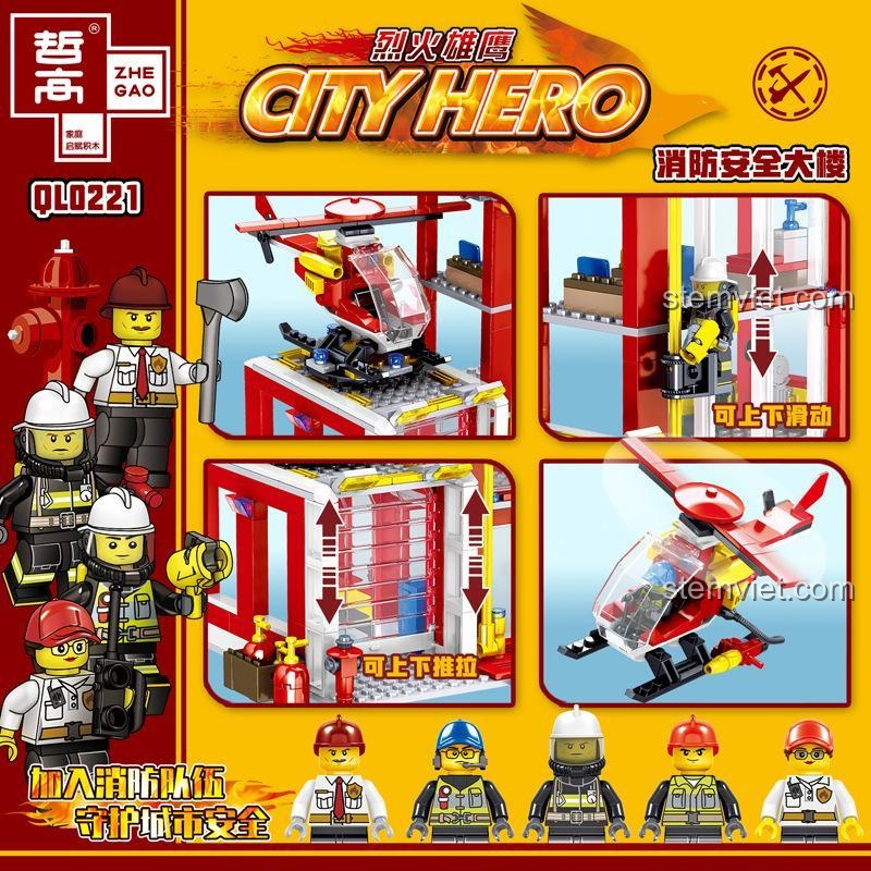 ZHEGAO QL0221 Trạm Cứu Hỏa với các tính năng cột trượt và cửa gara mở được, đồ chơi xây dựng thông minh