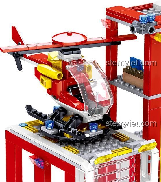 Cảnh quan thành phố cứu hỏa với nhiều mô hình xe và nhà khác nhau, đồ chơi lắp ráp sáng tạo