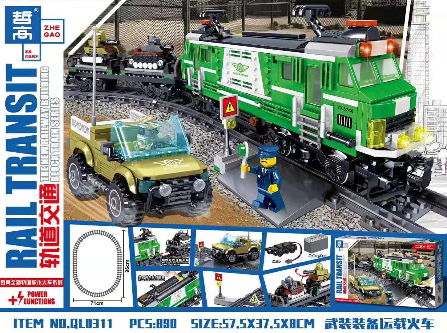 Bộ lắp ráp Tàu Hỏa Vận Chuyển Trang Bị Quân Sự Zhegao QL0311 có động cơ và đèn LED, kèm xe Jeep quân sự, phù hợp bé trai 6 tuổi, giá tốt.