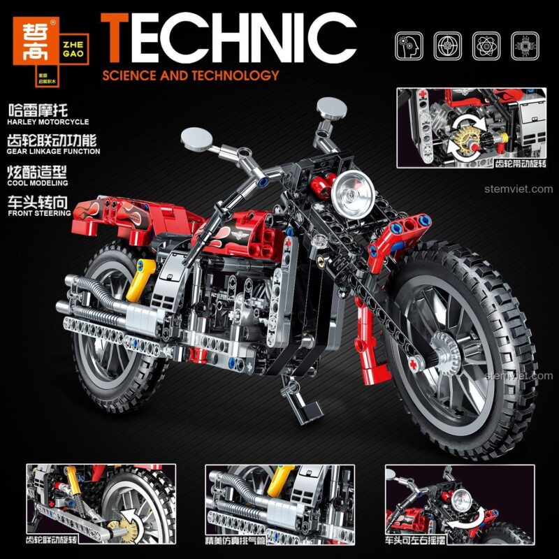 Hộp đồ chơi mô hình Xe máy Harley Zhegao QL0412 với các tính năng nổi bật: hệ thống bánh răng, tay lái điều hướng, 400 chi tiết, đồ chơi Technic cho bé trai