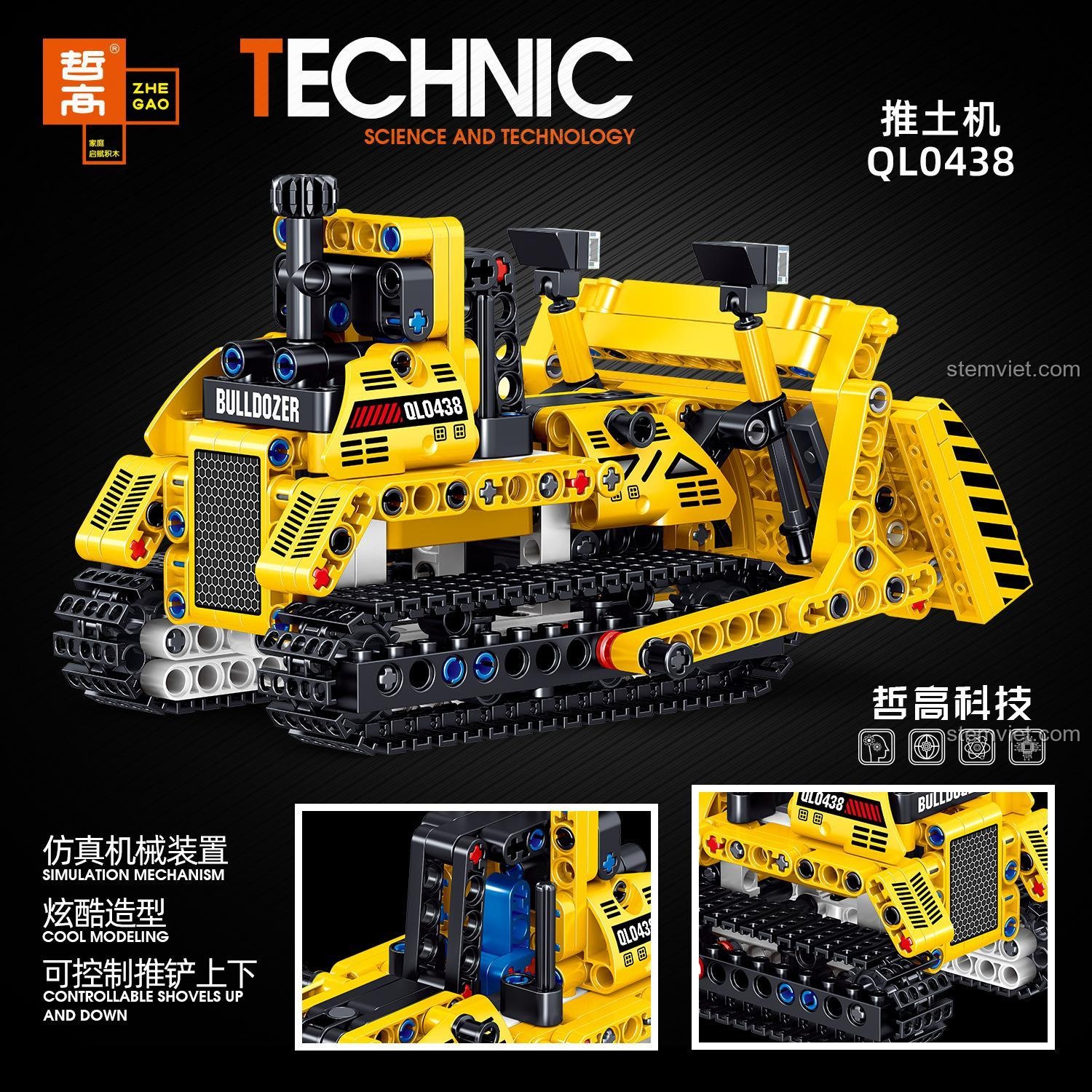 Đồ chơi lắp ráp Zhegao QL0438 Xe Ủi Đất với thiết kế mô phỏng chân thực, giúp phát triển tư duy cho bé trai 6 tuổi