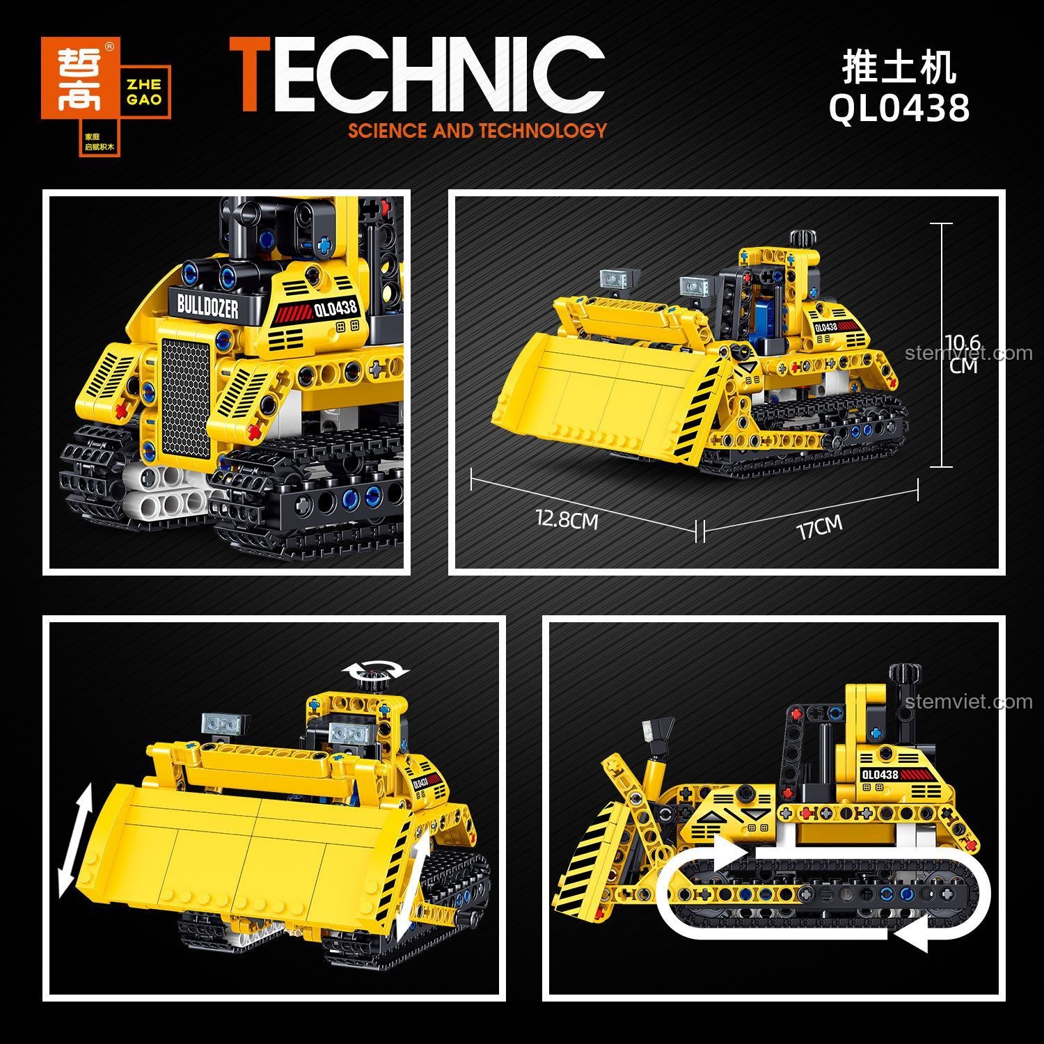 Mô hình Zhegao QL0438 Xe Ủi Đất với kích thước 17x12.8x10.6 cm, tính năng nâng hạ lưỡi ủi, đồ chơi xây dựng giá rẻ