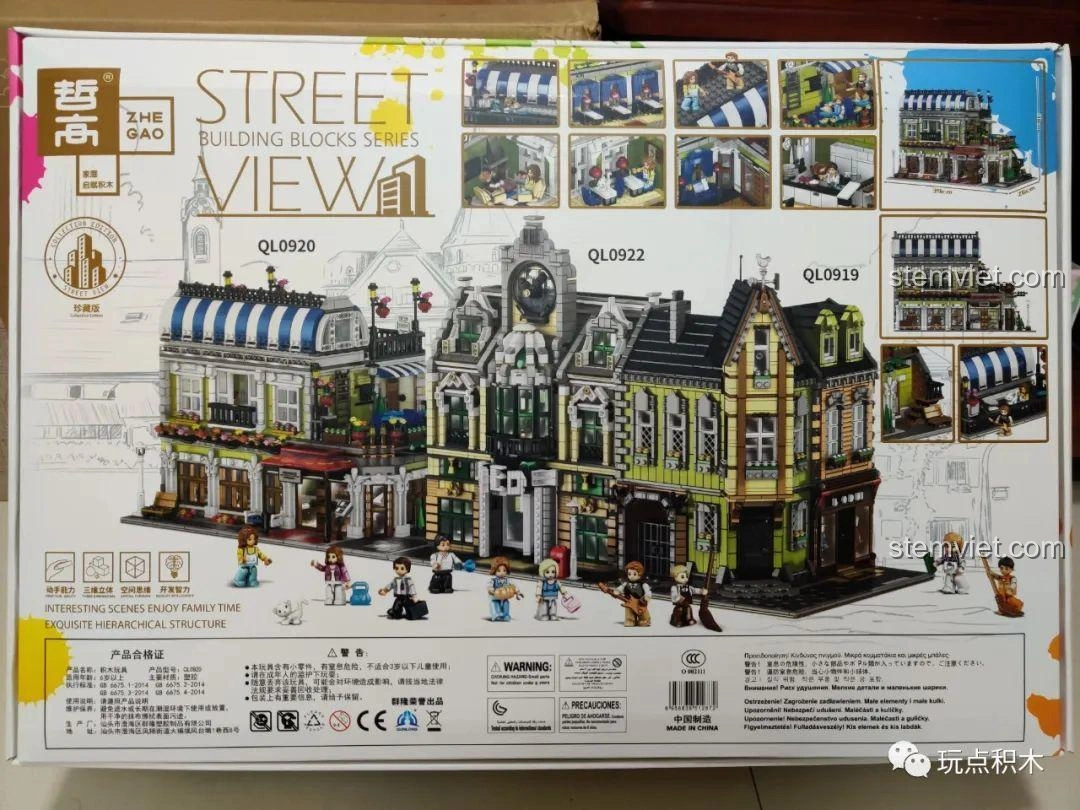 Mặt sau hộp ZHEGAO QL0920 Nhà Hàng Lãng Mạn, giới thiệu các chi tiết nội thất và góc nhìn khác của mô hình.