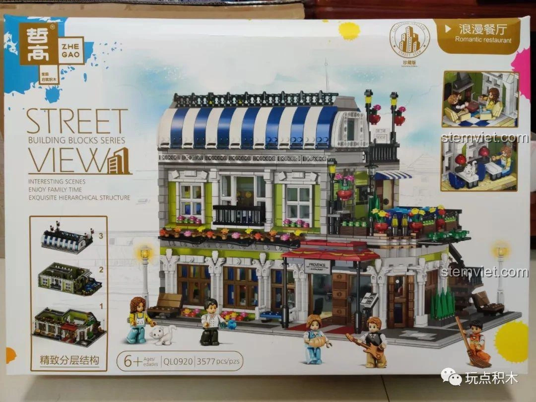 Mặt trước hộp sản phẩm ZHEGAO QL0920 Nhà Hàng Lãng Mạn, hiển thị hình ảnh mô hình hoàn chỉnh và thông tin cơ bản.