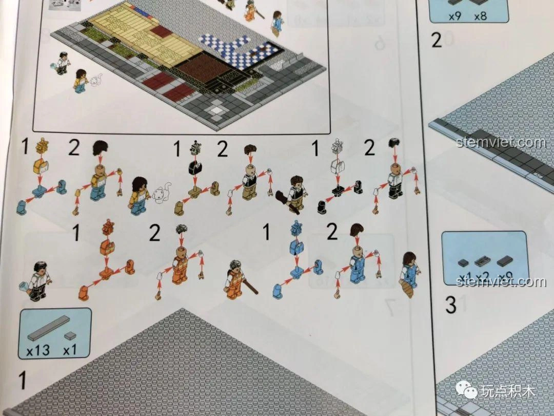 Hướng dẫn lắp ráp các minifigures trong sách của bộ ZHEGAO QL0920 Nhà Hàng Lãng Mạn, chi tiết từng bước.