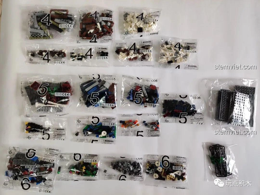 Các túi mảnh ghép từ số 1 đến số 6 của bộ ZHEGAO QL0920 Nhà Hàng Lãng Mạn, phục vụ cho giai đoạn đầu lắp ráp.