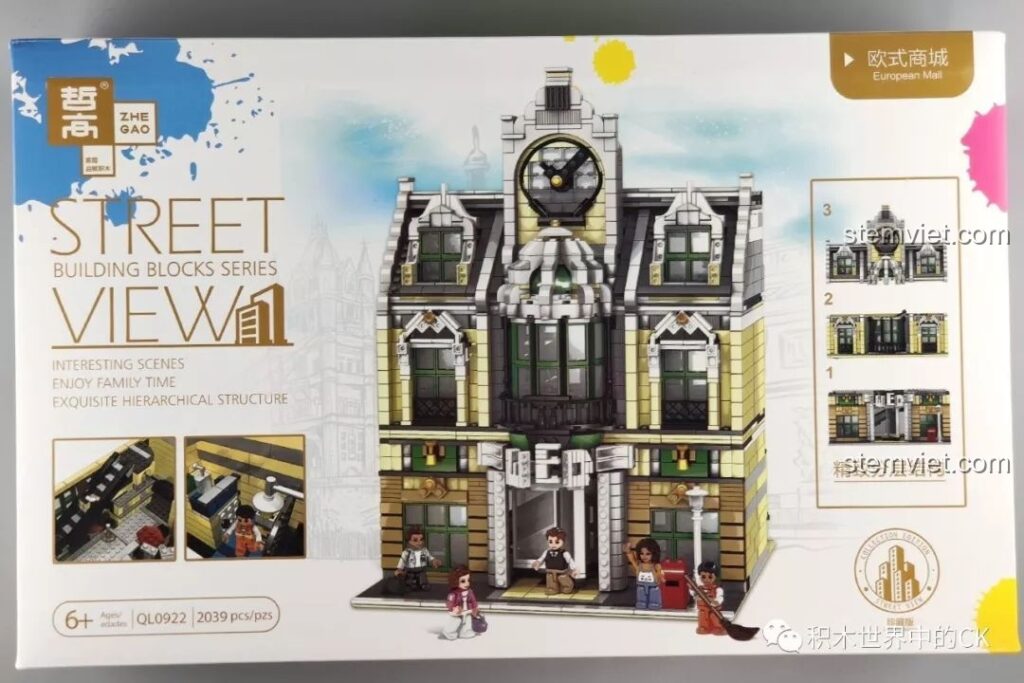 Hộp sản phẩm ZHEGAO QL0922 Trung Tâm Thương Mại Châu Âu với hình ảnh mô hình hoàn thiện và các chi tiết nổi bật.