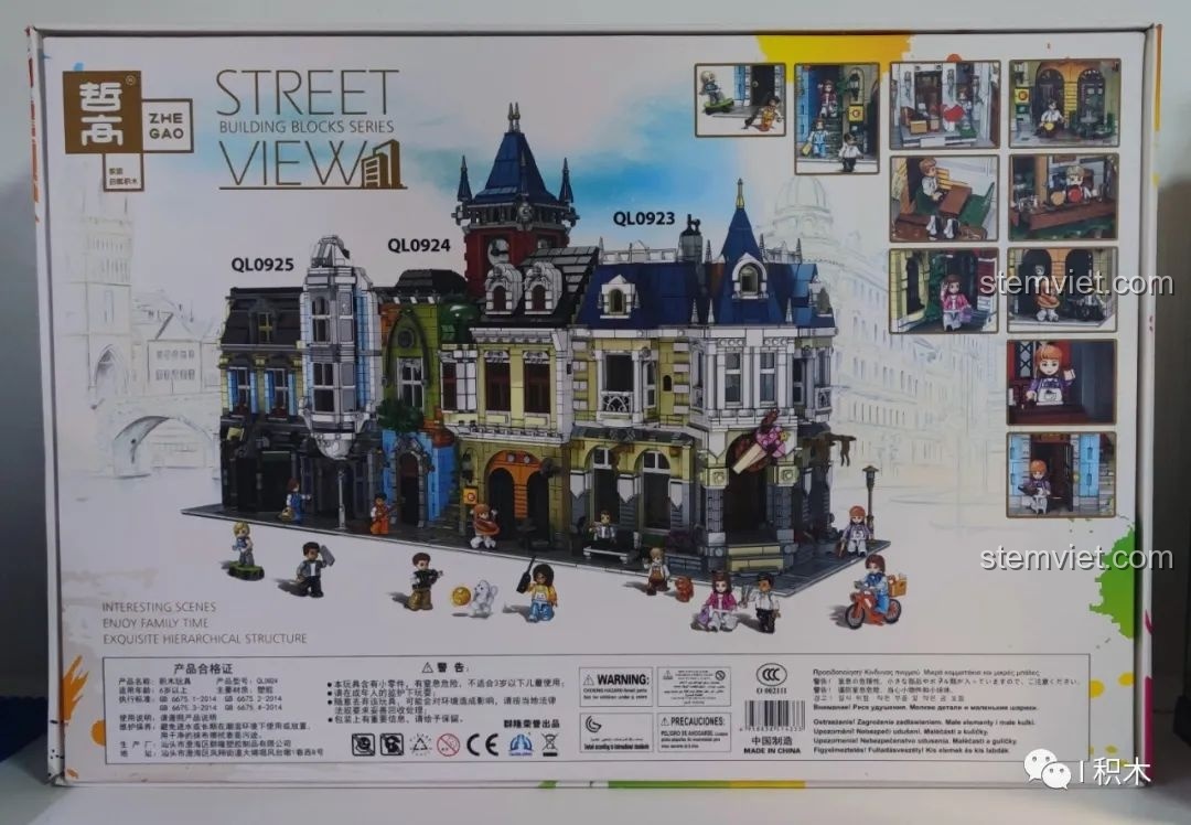 Mặt sau hộp bộ lắp ghép ZHEGAO QL0924 Quán Rượu Cổ với các góc nhìn khác của mô hình và thông tin series.