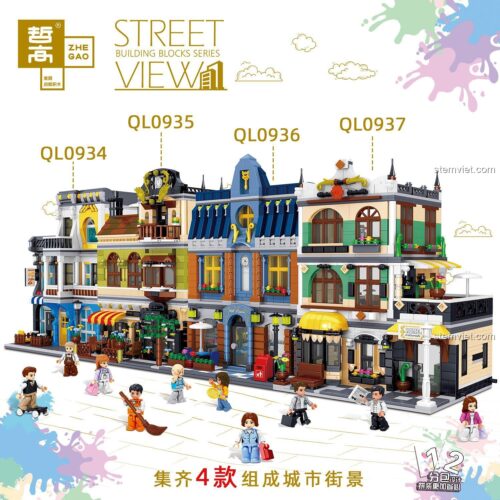 Ảnh quảng cáo bộ sưu tập phố phường Street View của Zhegao, trong đó có bộ xếp hình QL0934 Quán Cà Phê Mùa Hè.