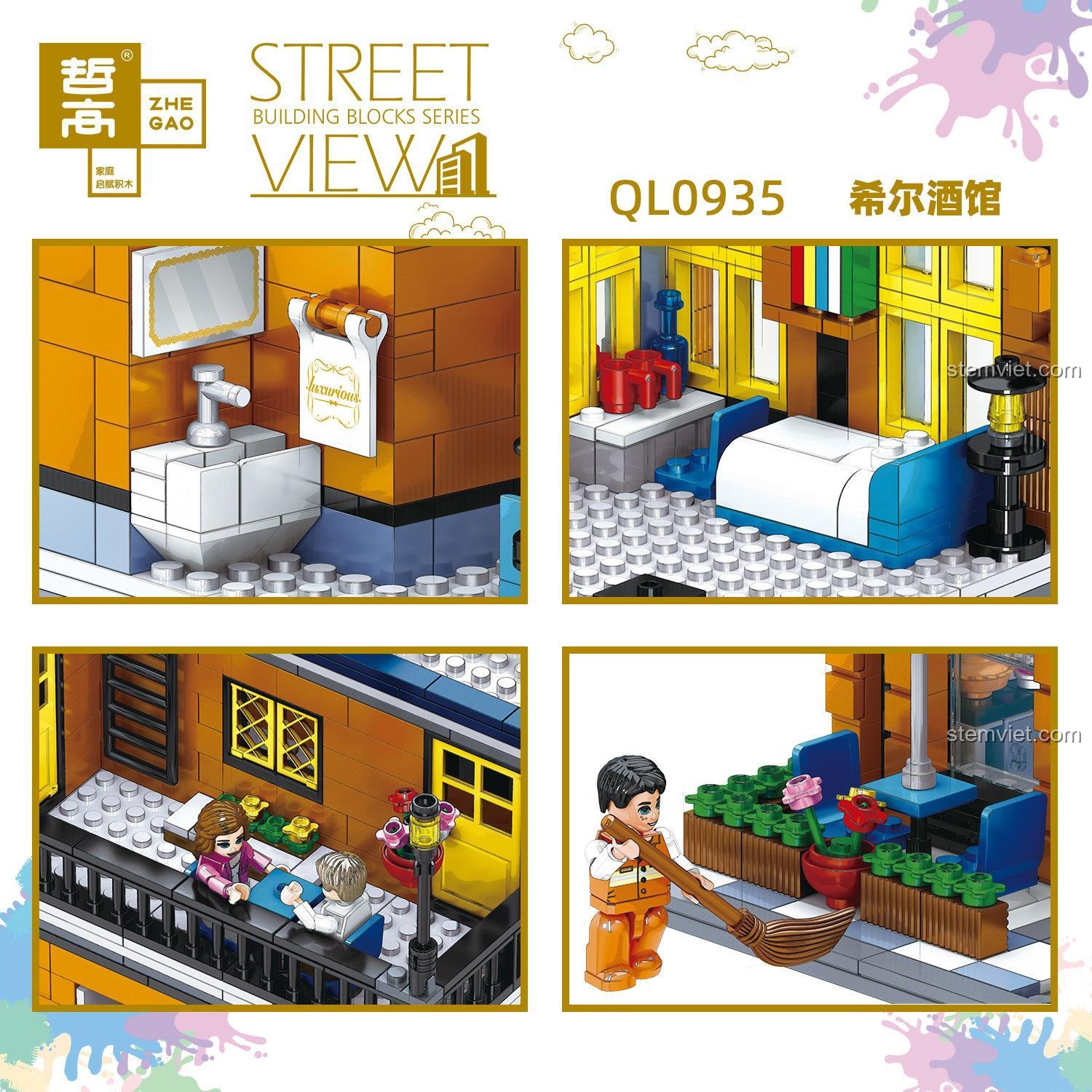 Chi tiết nội thất của bộ xếp hình Quán rượu cổ điển Zhegao QL0935, bao gồm phòng ngủ, phòng tắm và ban công.