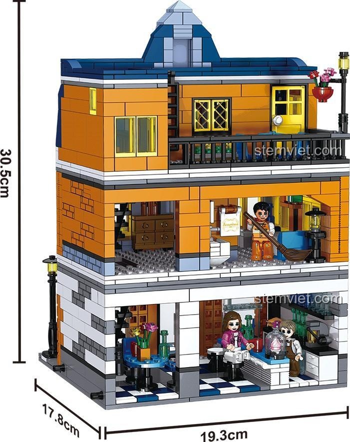 Các chi tiết phong phú của bộ lắp ghép Tòa nhà góc phố kiểu Châu Âu Zhegao QL0935. Đồ chơi sáng tạo cho bé gái.
