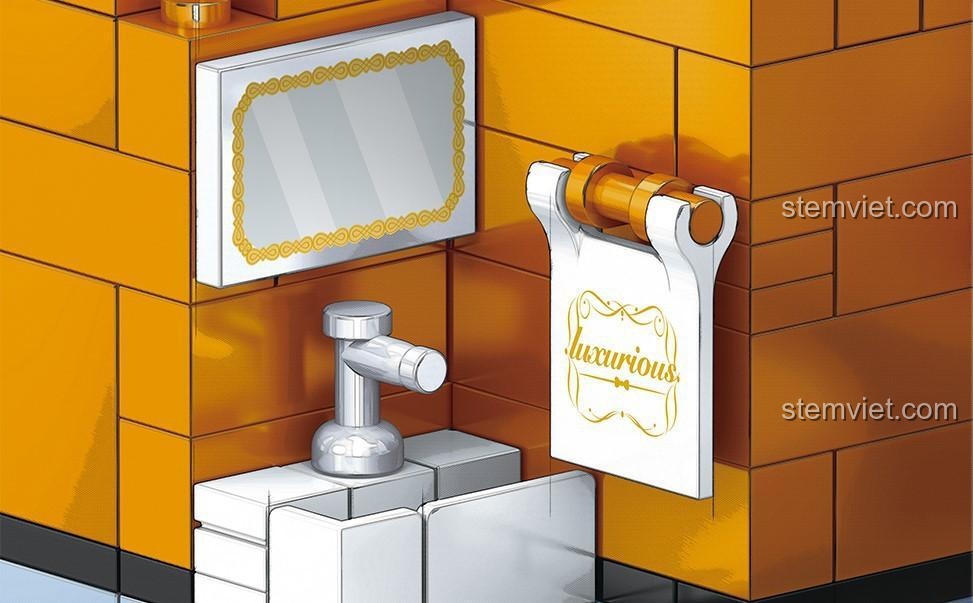 Chi tiết phòng tắm với gương và giấy vệ sinh có chữ 'luxurious' trong bộ Zhegao 0935.