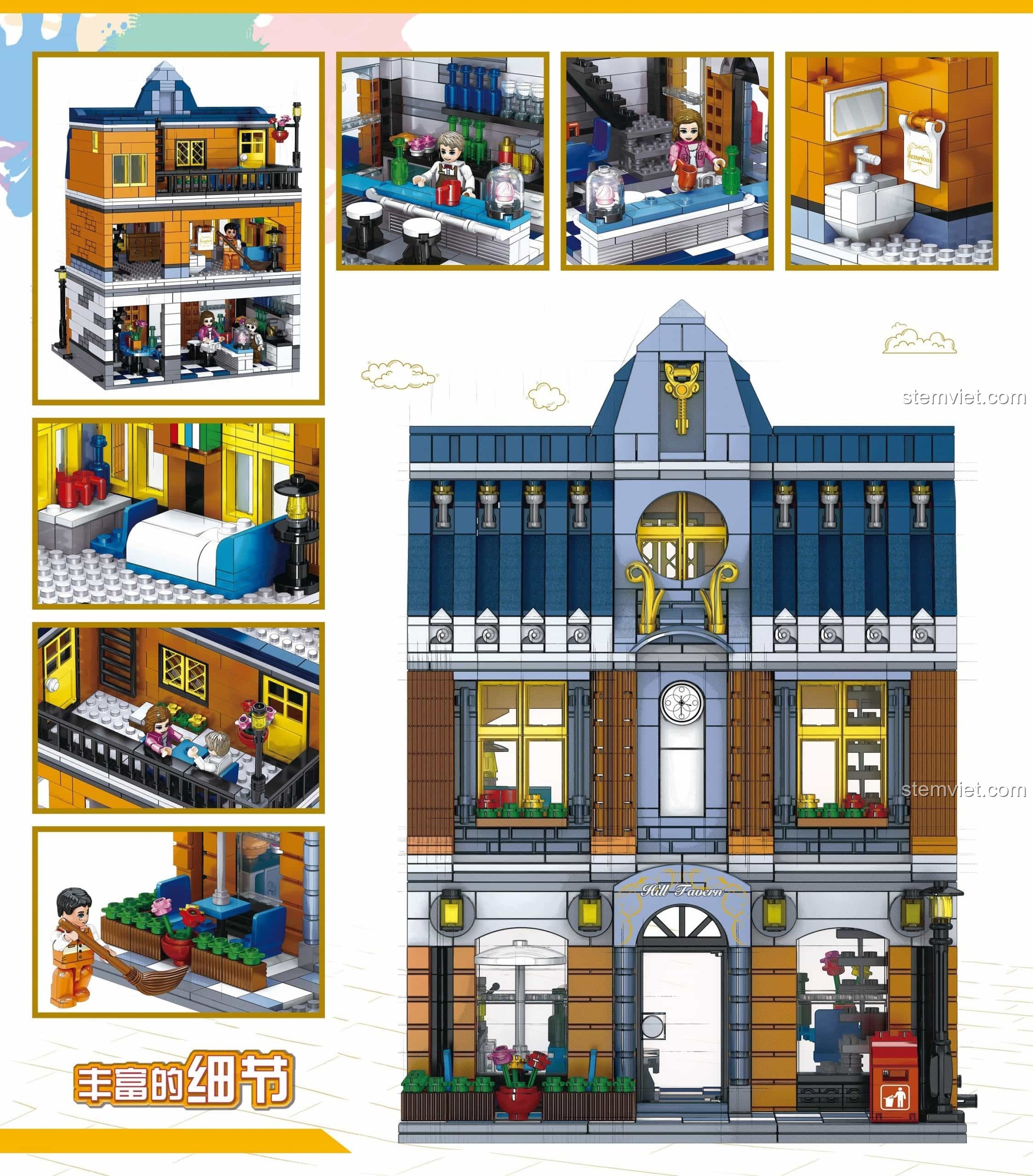 Các chi tiết phong phú của bộ lắp ghép Tòa nhà góc phố kiểu Châu Âu Zhegao QL0935. Đồ chơi sáng tạo cho bé gái.