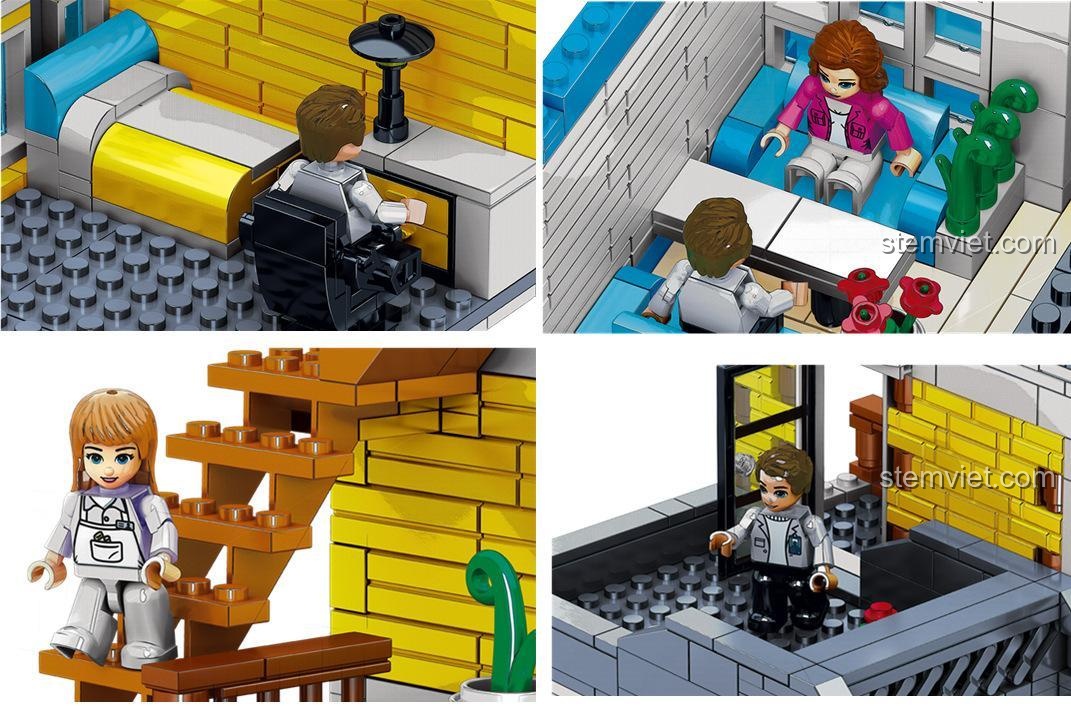 Minifigure đang thư giãn trên ban công tầng 2 của Nhà hàng La Mã Zhegao, có mái hiên sọc và bàn ghế ngoài trời.