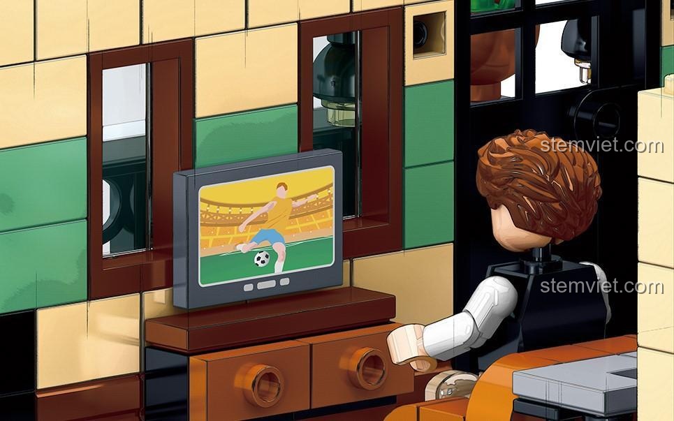 Cận cảnh quầy thu ngân của đồ chơi mô hình Tòa nhà kiến trúc Ý QL0936 với minifigure chủ quán và các chai lọ trang trí.