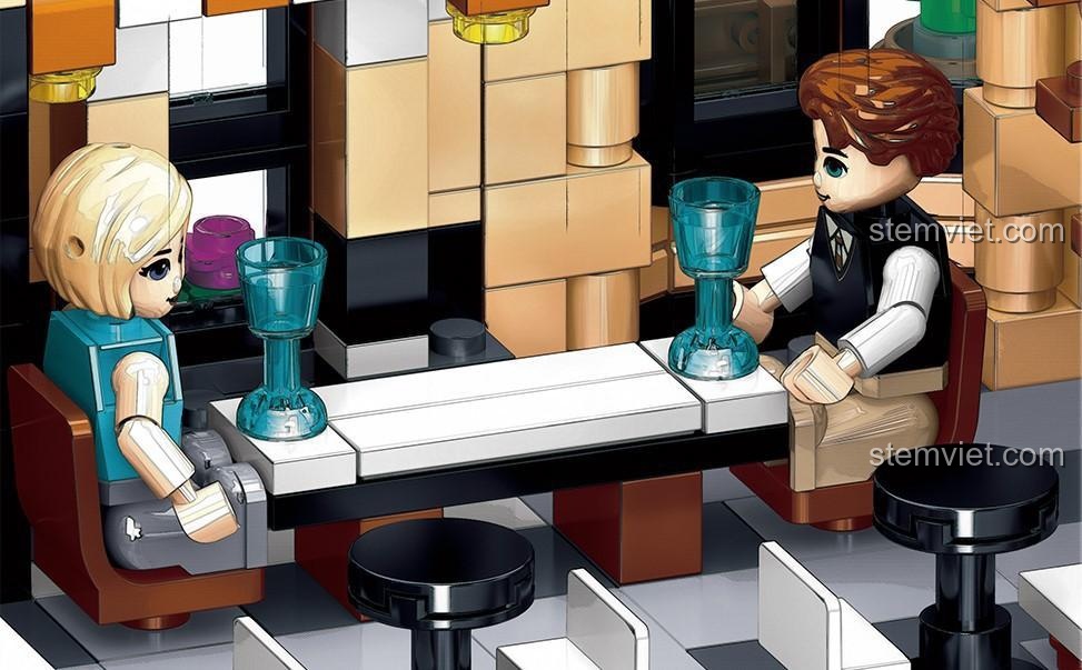 Tổng hợp các chi tiết nội thất của bộ xếp hình Zhegao QL0936, bao gồm phòng ngủ, phòng khách, cầu thang và ban công.