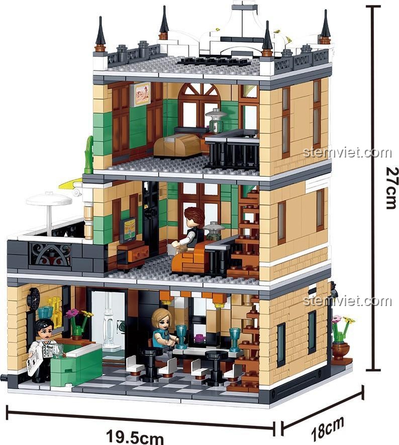 Ảnh thể hiện kích thước chi tiết của bộ xếp hình Góc phố ẩm thực La Mã Zhegao QL0936: cao 27cm, dài 19.5cm và rộng 18cm.