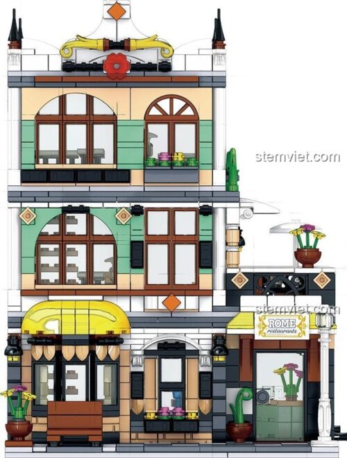 Mặt trước của đồ chơi mô hình Tòa nhà kiến trúc Ý QL0936, thể hiện các chi tiết cửa sổ vòm, mái hiên và biển hiệu nhà hàng.