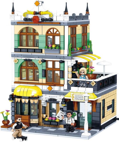 Toàn cảnh bộ lắp ghép Nhà hàng La Mã Zhegao QL0936 với 3 minifigures, một tòa nhà 3 tầng kiến trúc châu Âu chi tiết.