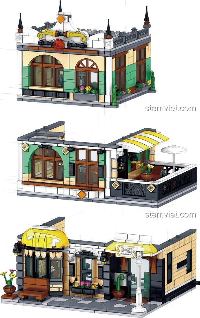 Chi tiết nội thất bên trong Nhà hàng La Mã Zhegao, một minifigure đang ngồi xem TV chiếu cảnh đá bóng.