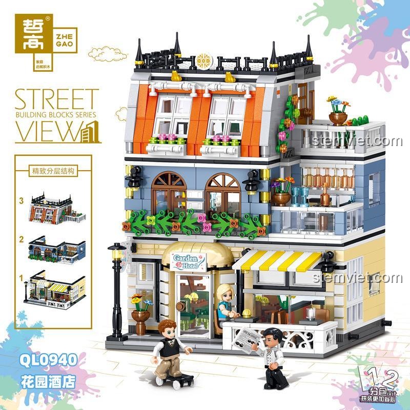 Hộp sản phẩm đồ chơi xếp hình Zhegao QL0940 Khách sạn Sân vườn, thể hiện rõ thiết kế 3 tầng có thể tách rời, phù hợp làm quà tặng.