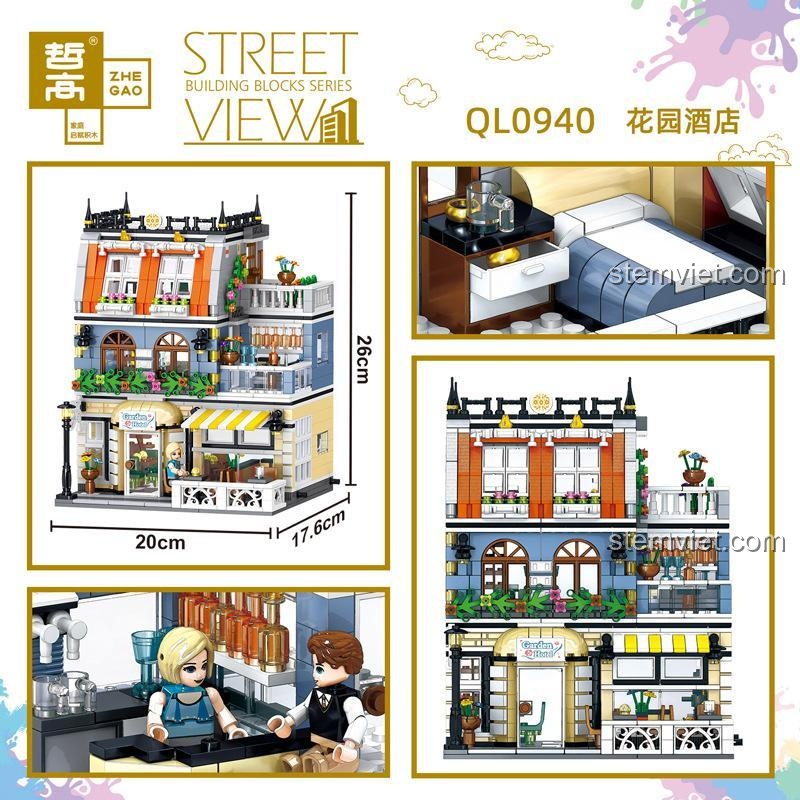 Kích thước chi tiết của mô hình xây dựng QL0940: cao 26cm, dài 20cm, rộng 17.6cm, cùng hình ảnh phòng ngủ và mặt tiền.