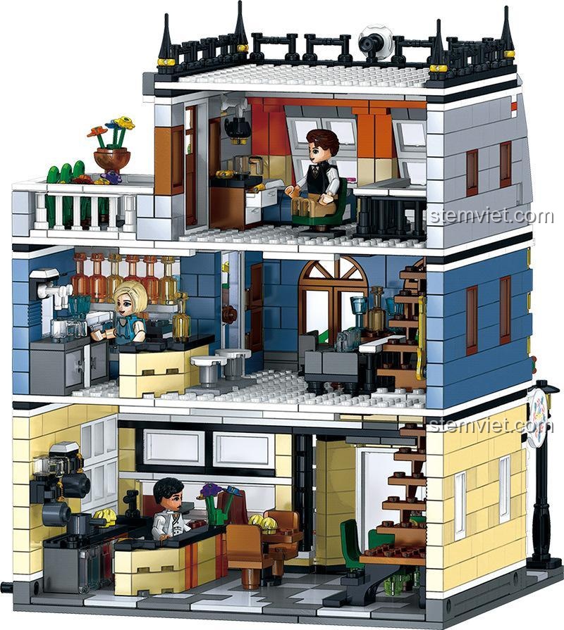 Mặt sau của Khách sạn Sân vườn Zhegao, để lộ toàn bộ nội thất 3 tầng: quán cafe, quầy bar và phòng ngủ.