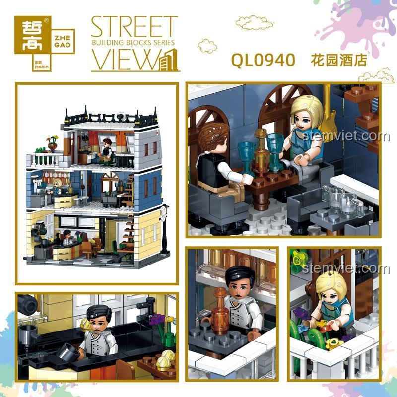 Các góc nhìn khác nhau của bộ đồ chơi Zhegao QL0940, cho thấy nội thất chi tiết bên trong và các nhân vật đang tương tác.