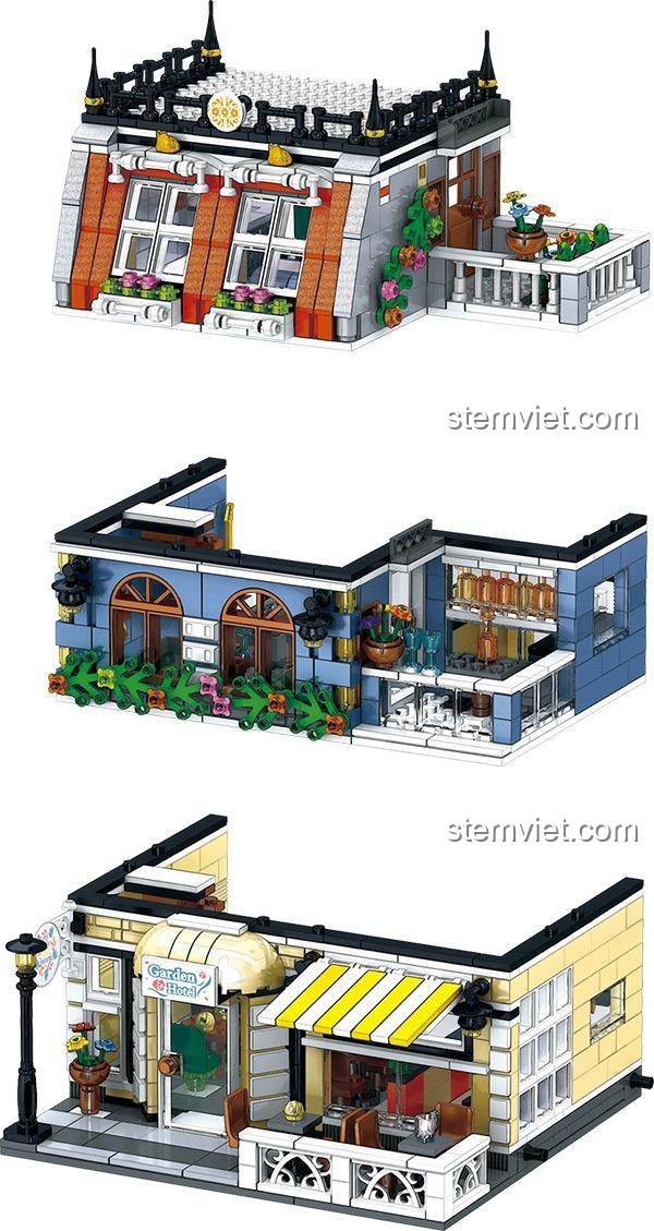 Thiết kế module 3 tầng của bộ lắp ghép Khách sạn Sân vườn Zhegao QL0940, có thể dễ dàng tháo lắp từng tầng để khám phá.