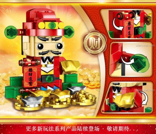 Chi tiết tính năng của bộ xếp hình Ông Thần Tài Zhegao 0954, tay cầm câu đối và thỏi vàng có thể cử động, phù hợp cho bé trai và bé gái.