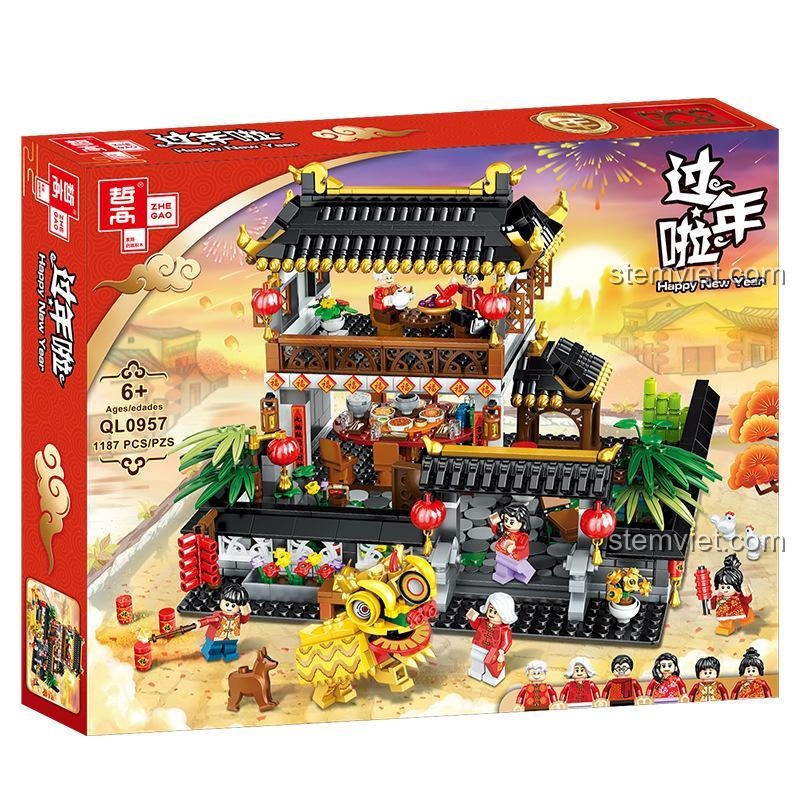 Hộp đồ chơi lắp ghép ZHEGAO QL0957 Đại Gia Đình Đoàn Viên Đón Tết, thể hiện đầy đủ các chi tiết và minifigure, món quà giá tốt cho bé.