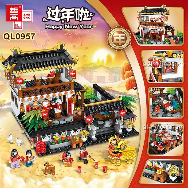 Tổng quan bộ lắp ghép Đại Gia Đình Đoàn Viên Đón Tết ZHEGAO QL0957, hiển thị các góc nhìn khác nhau của mô hình, phù hợp cho bé trai và bé gái 6 tuổi.