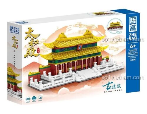 Hộp sản phẩm bộ lắp ghép ZHEGAO QL0970 Thái Hòa Điện 703 mảnh, đồ chơi mô hình kiến trúc cổ cho bé trai và bé gái 6 tuổi, giá tiết kiệm.